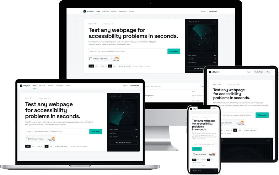 A11yBird accessibility testing app shown on desktop, laptop, tablet, and phone