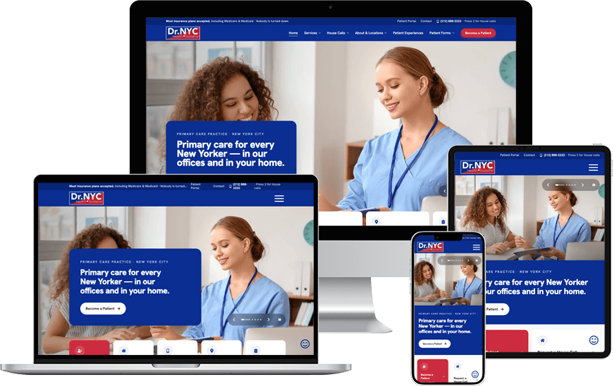 DR.NYC house-call physician website shown on desktop, laptop, tablet, and phone