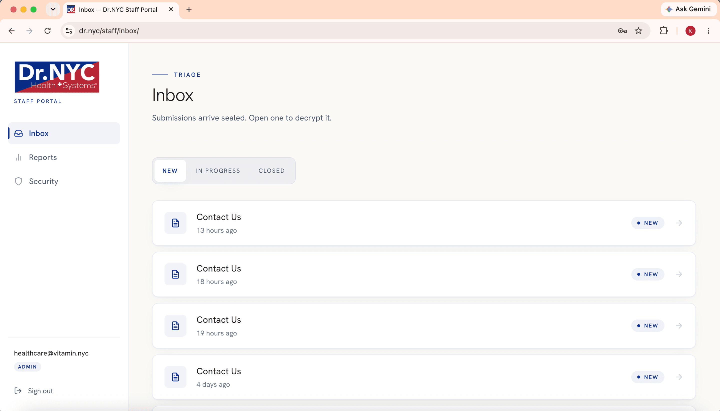 DR.NYC staff portal inbox: submissions arrive sealed and are decrypted only when opened.