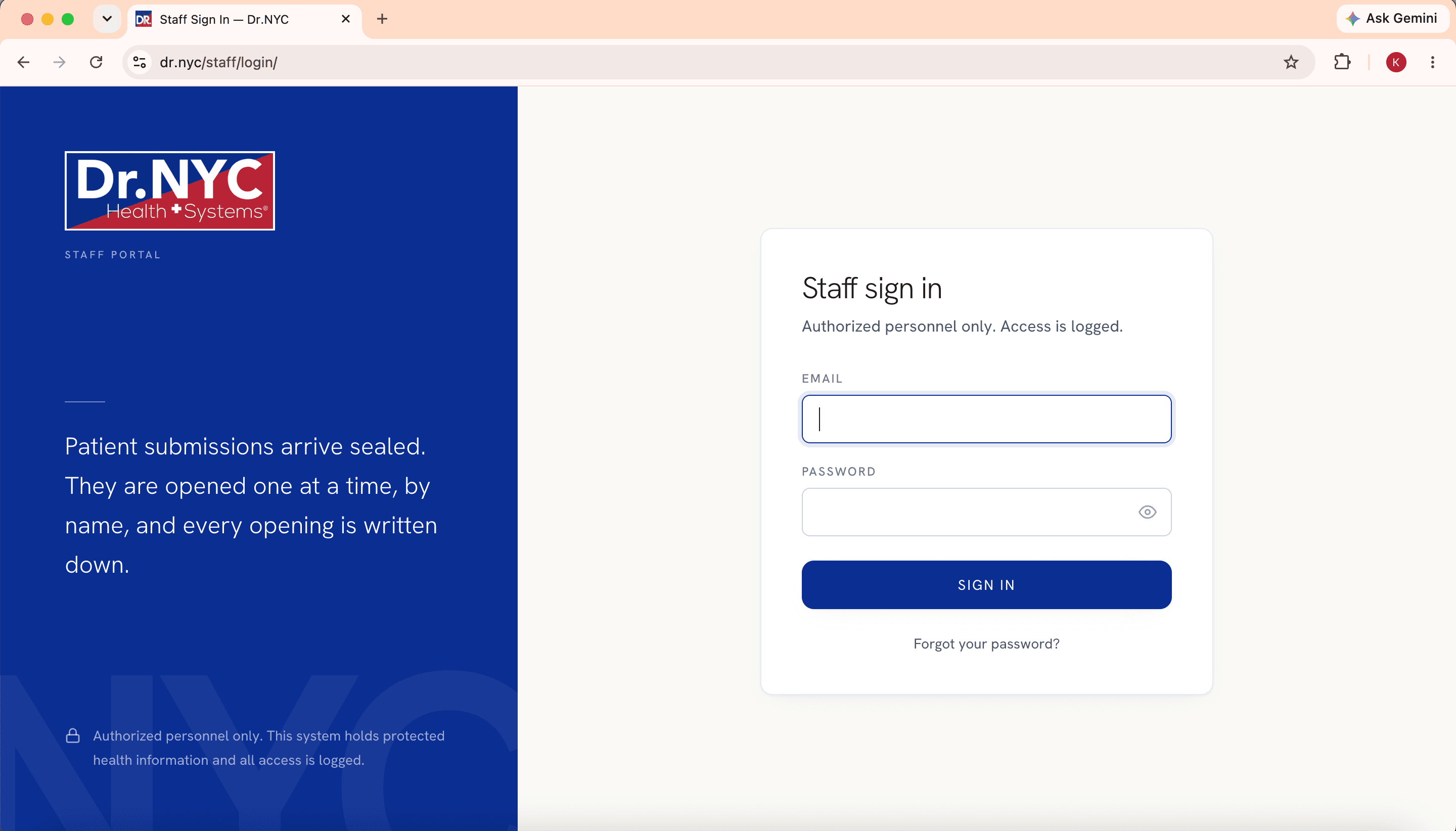 DR.NYC staff sign-in page: “Authorized personnel only. Access is logged.”