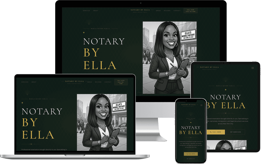 Notary By Ella website shown on desktop, laptop, tablet, and phone